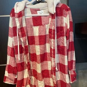 american eagle red and white flannel with fluffy hood